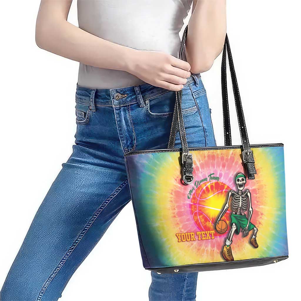 Lithuania Basketball Custom Leather Tote Bag 100th Anniversary Skeleton Colorful Tie Dye - Wonder Print Shop
