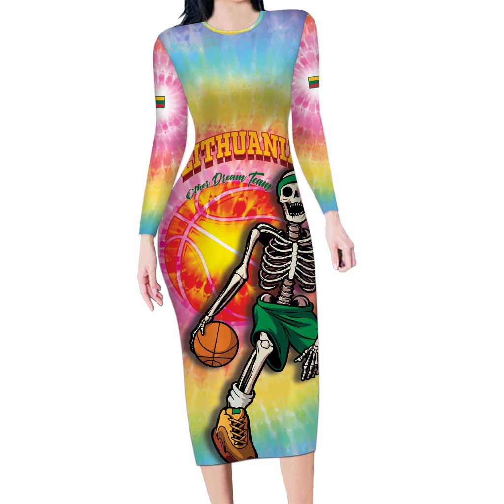 Lithuania Basketball Custom Long Sleeve Bodycon Dress 100th Anniversary Skeleton Colorful Tie Dye - Wonder Print Shop