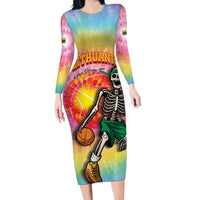 Lithuania Basketball Custom Long Sleeve Bodycon Dress 100th Anniversary Skeleton Colorful Tie Dye - Wonder Print Shop
