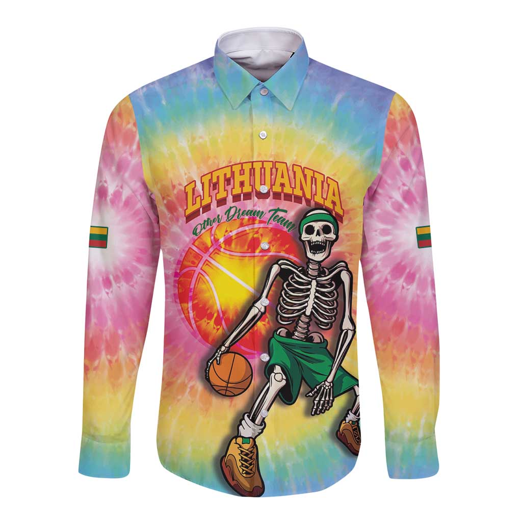 Lithuania Basketball Custom Long Sleeve Button Shirt 100th Anniversary Skeleton Colorful Tie Dye - Wonder Print Shop