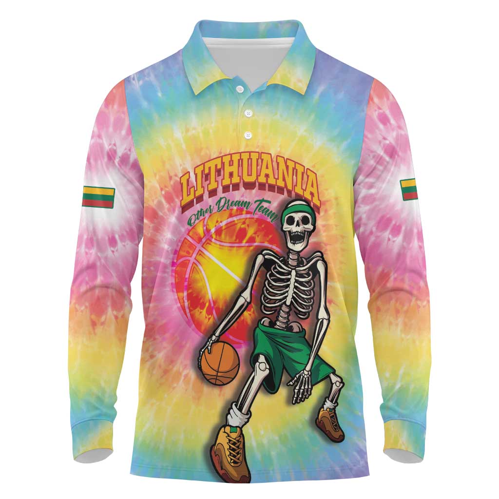 Lithuania Basketball Custom Long Sleeve Polo Shirt 100th Anniversary Skeleton Colorful Tie Dye - Wonder Print Shop