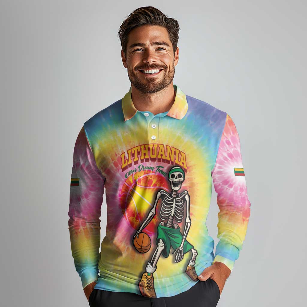 Lithuania Basketball Custom Long Sleeve Polo Shirt 100th Anniversary Skeleton Colorful Tie Dye - Wonder Print Shop