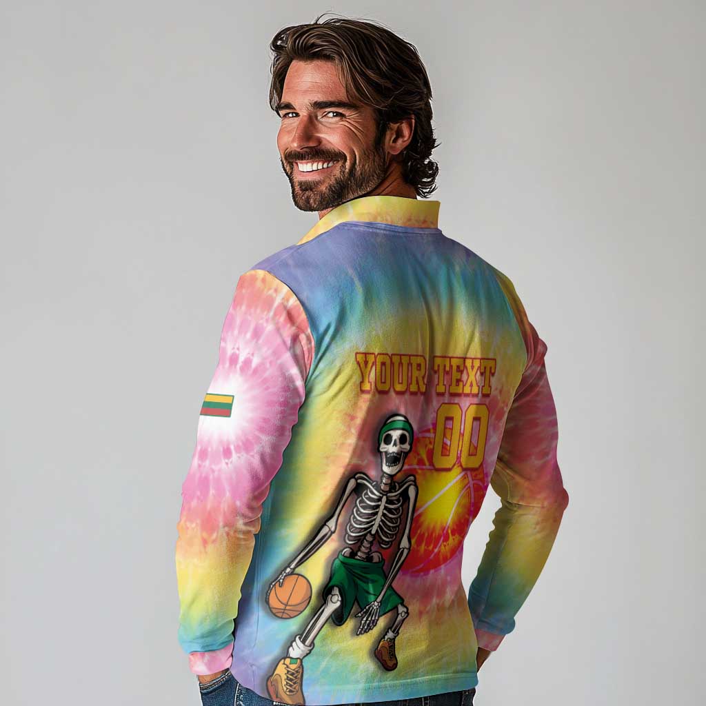 Lithuania Basketball Custom Long Sleeve Polo Shirt 100th Anniversary Skeleton Colorful Tie Dye - Wonder Print Shop