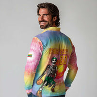 Lithuania Basketball Custom Long Sleeve Polo Shirt 100th Anniversary Skeleton Colorful Tie Dye - Wonder Print Shop