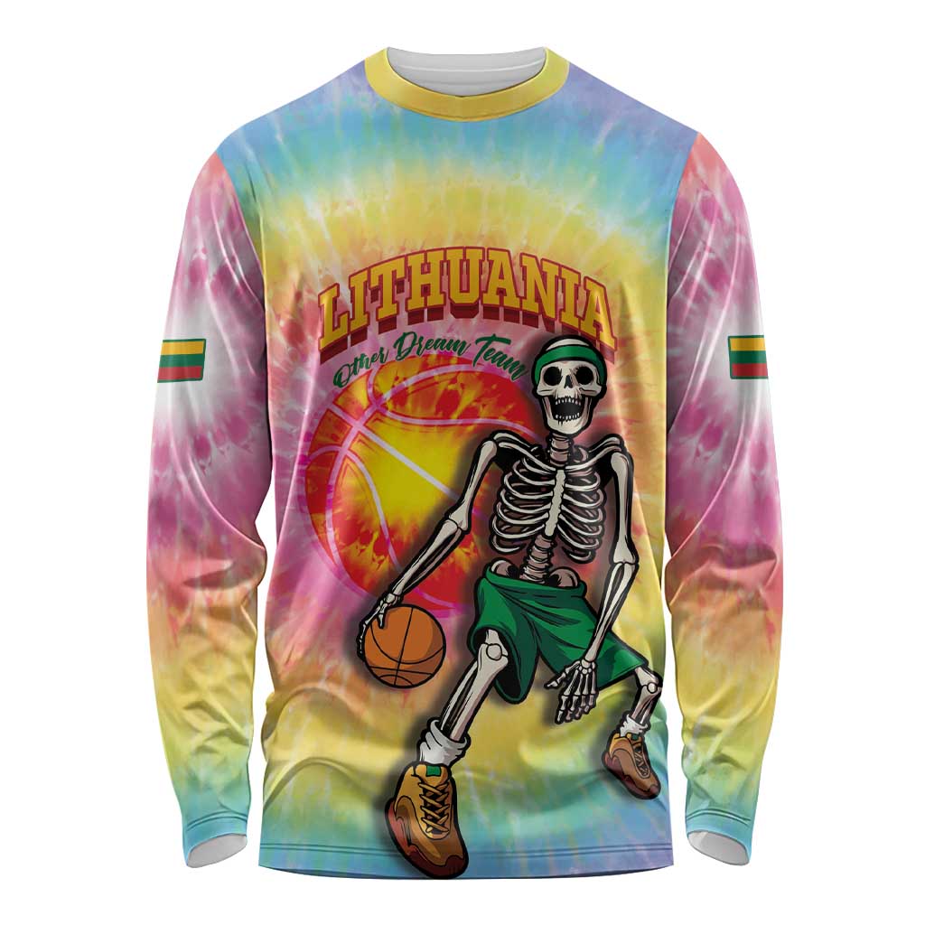 Lithuania Basketball Custom Long Sleeve Shirt 100th Anniversary Skeleton Colorful Tie Dye - Wonder Print Shop