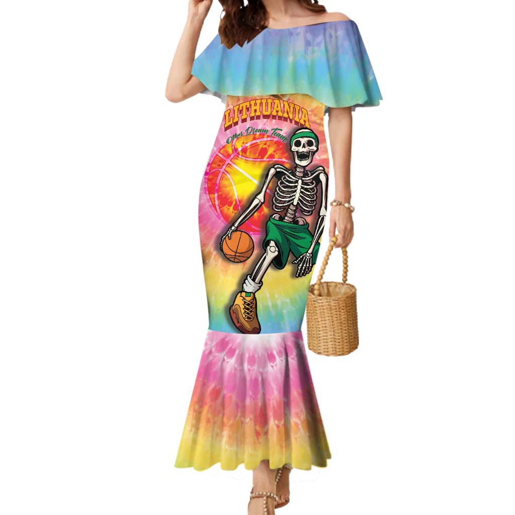 Lithuania Basketball Custom Mermaid Dress 100th Anniversary Skeleton Colorful Tie Dye - Wonder Print Shop