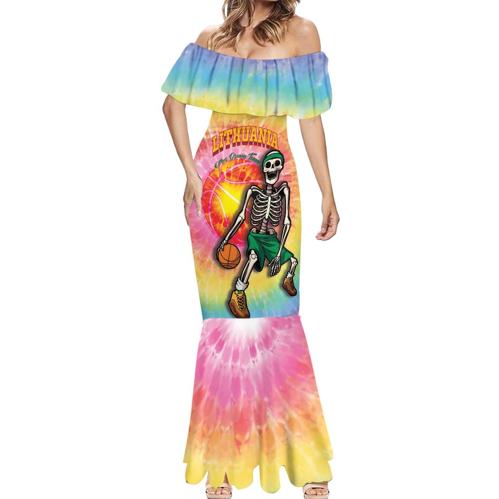 Lithuania Basketball Custom Mermaid Dress 100th Anniversary Skeleton Colorful Tie Dye - Wonder Print Shop