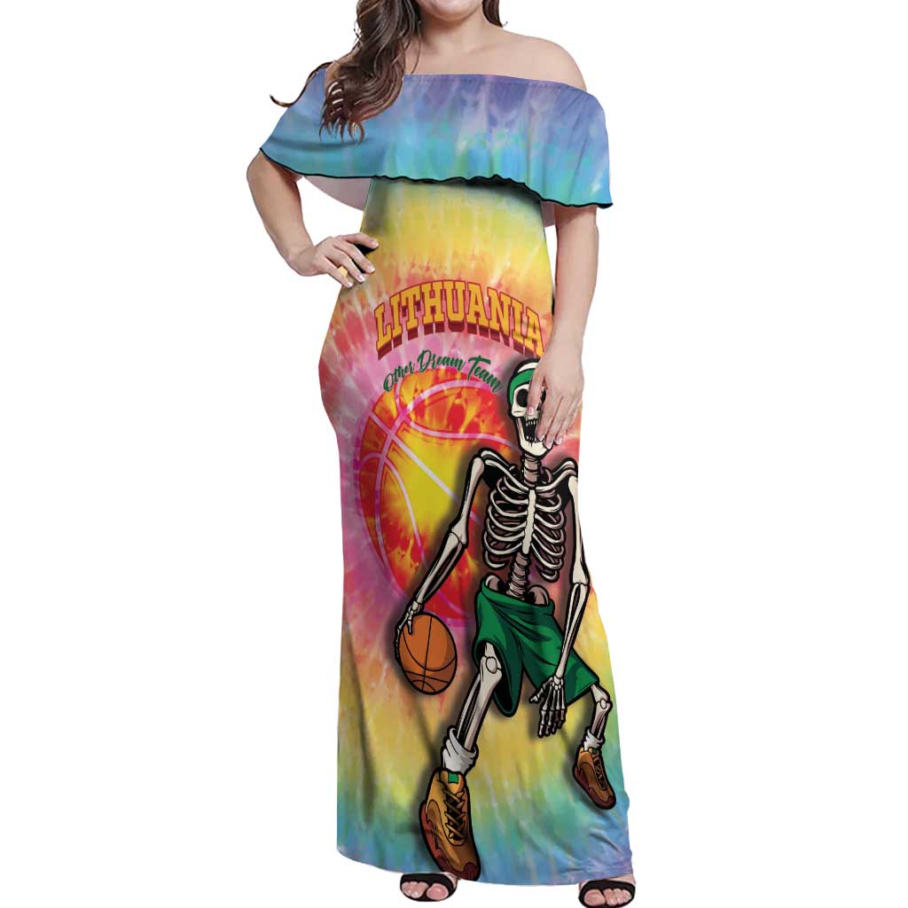 Lithuania Basketball Custom Off Shoulder Maxi Dress 100th Anniversary Skeleton Colorful Tie Dye - Wonder Print Shop