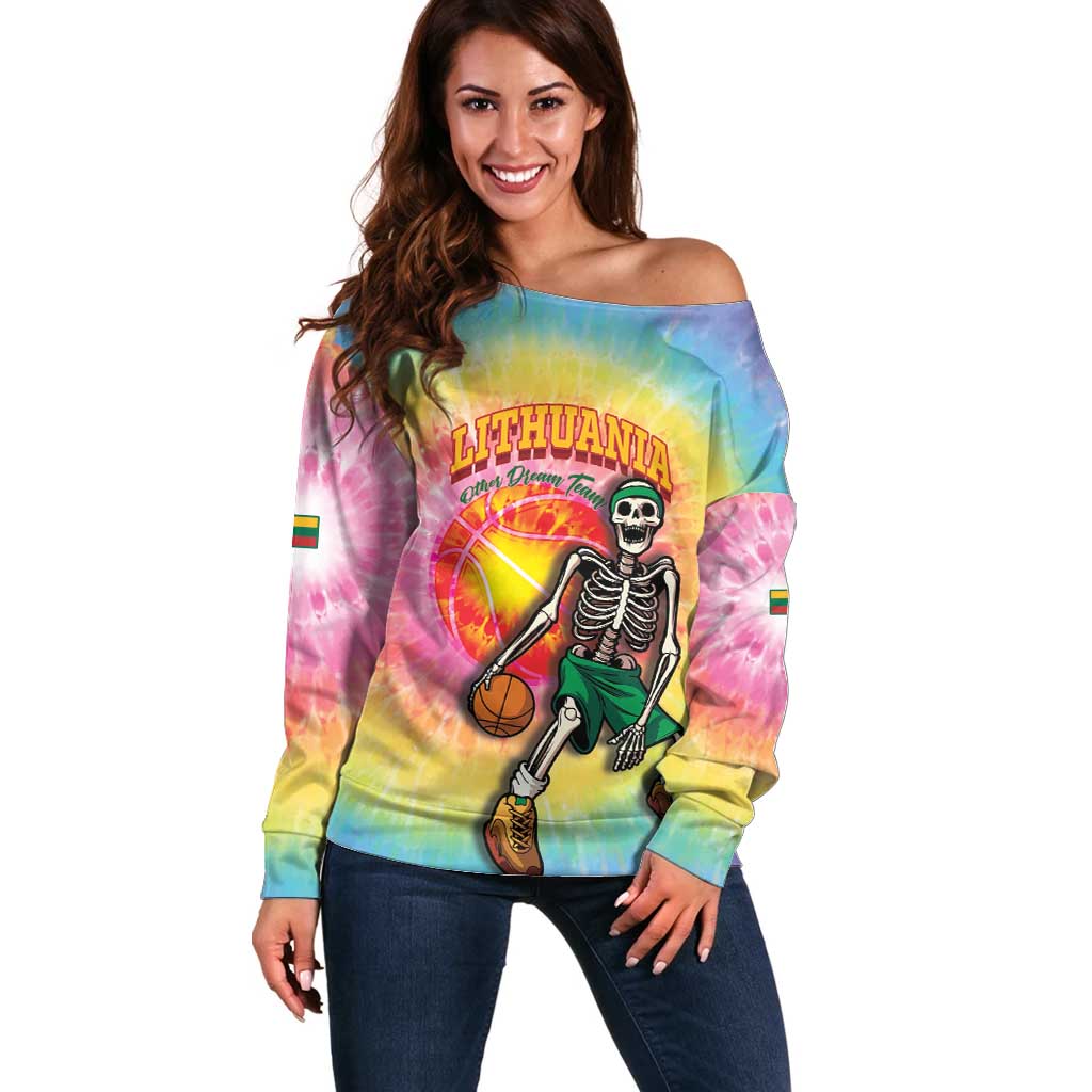 Lithuania Basketball Custom Off Shoulder Sweater 100th Anniversary Skeleton Colorful Tie Dye - Wonder Print Shop