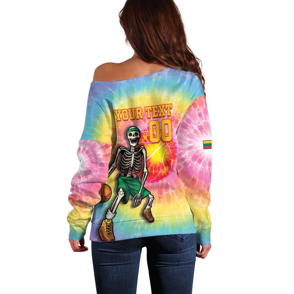 Lithuania Basketball Custom Off Shoulder Sweater 100th Anniversary Skeleton Colorful Tie Dye - Wonder Print Shop
