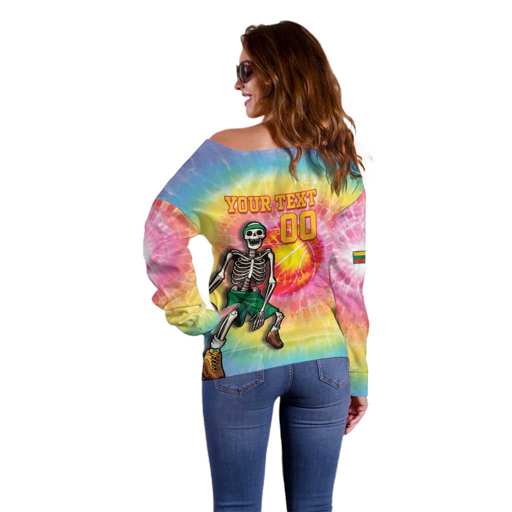 Lithuania Basketball Custom Off Shoulder Sweater 100th Anniversary Skeleton Colorful Tie Dye - Wonder Print Shop