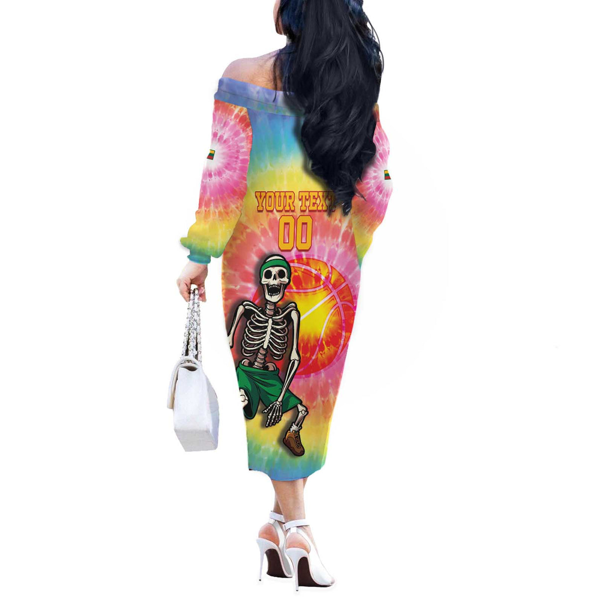 Lithuania Basketball Custom Off The Shoulder Long Sleeve Dress 100th Anniversary Skeleton Colorful Tie Dye - Wonder Print Shop