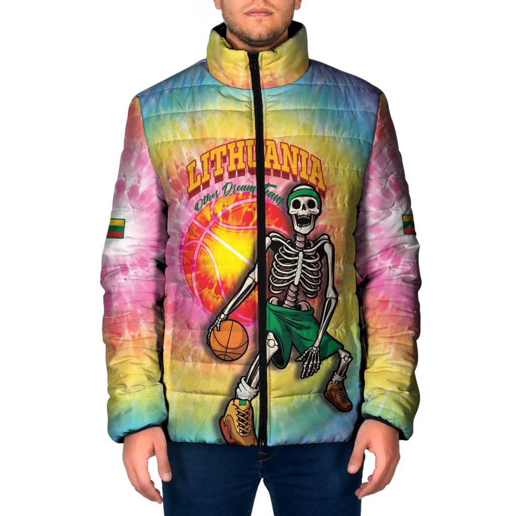 Lithuania Basketball Custom Padded Jacket 100th Anniversary Skeleton Colorful Tie Dye - Wonder Print Shop