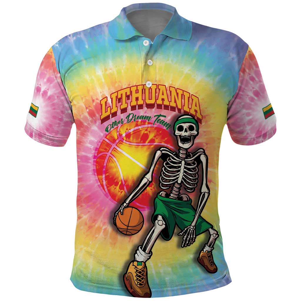 Lithuania Basketball Custom Polo Shirt 100th Anniversary Skeleton Colorful Tie Dye - Wonder Print Shop