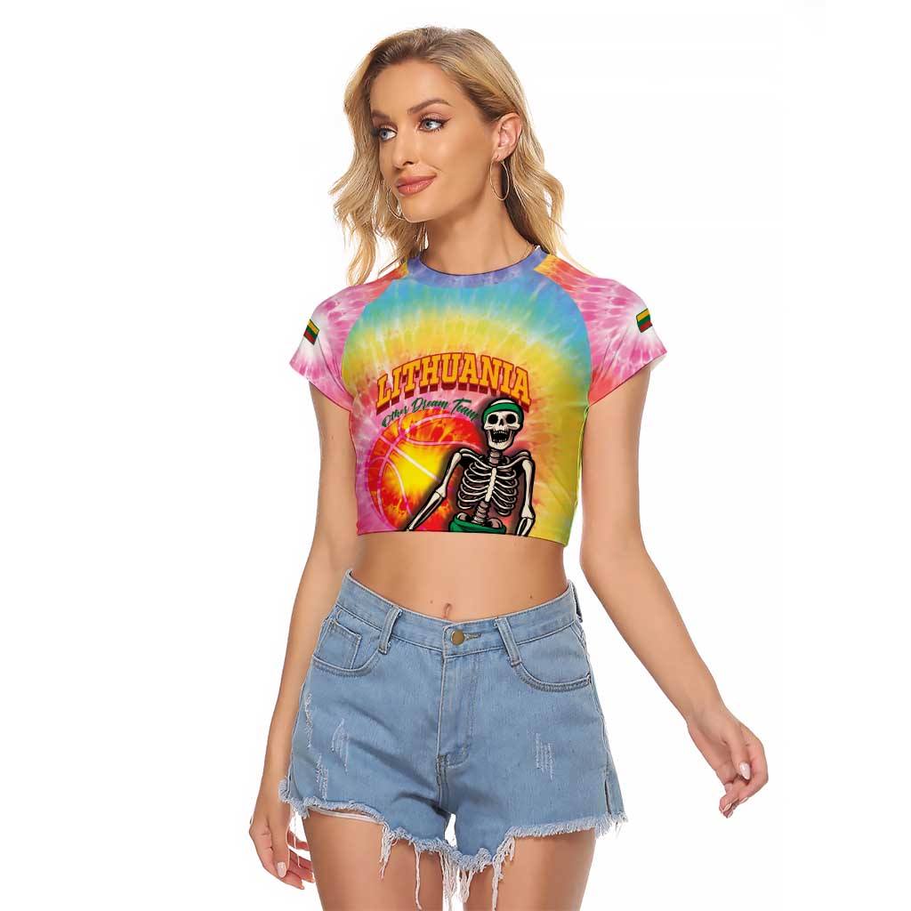Lithuania Basketball Custom Raglan Cropped T Shirt 100th Anniversary Skeleton Colorful Tie Dye - Wonder Print Shop