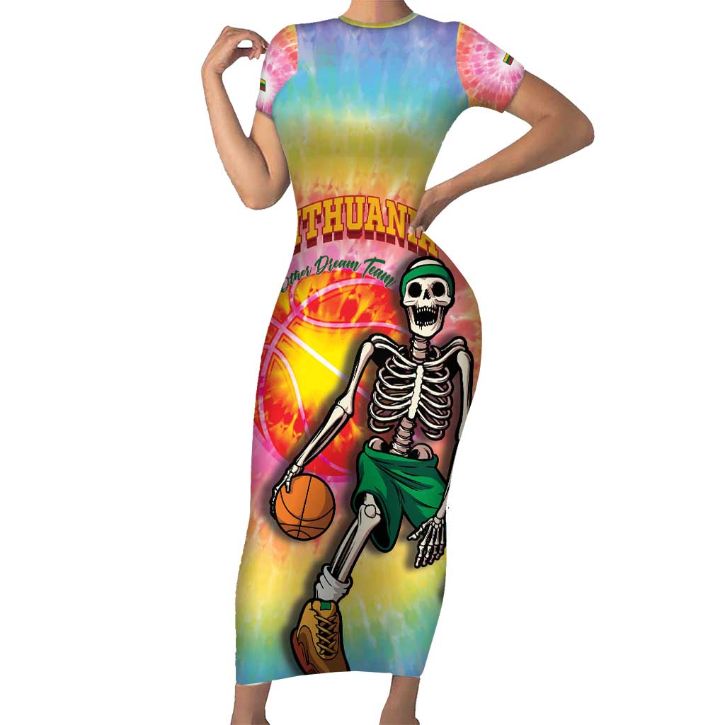 Lithuania Basketball Custom Short Sleeve Bodycon Dress 100th Anniversary Skeleton Colorful Tie Dye - Wonder Print Shop