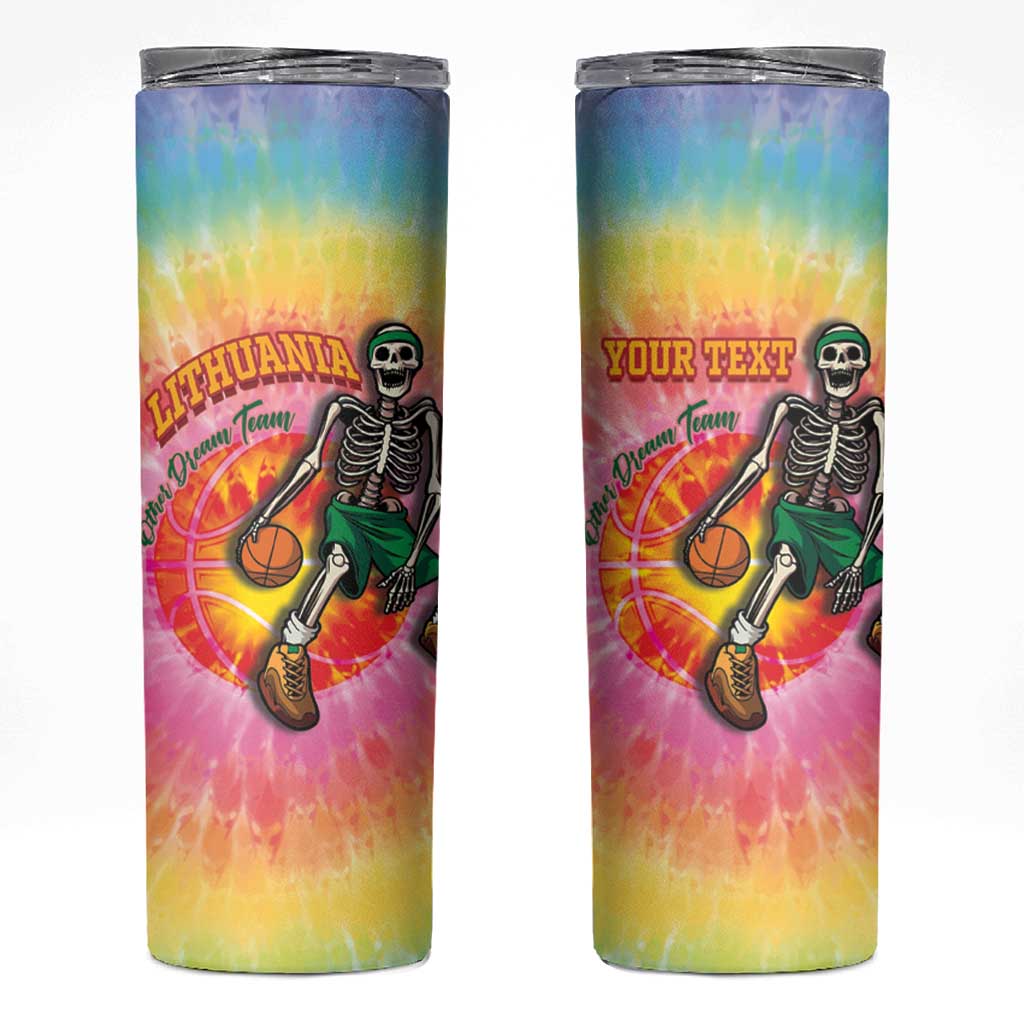 Lithuania Basketball Custom Skinny Tumbler 100th Anniversary Skeleton Colorful Tie Dye - Wonder Print Shop