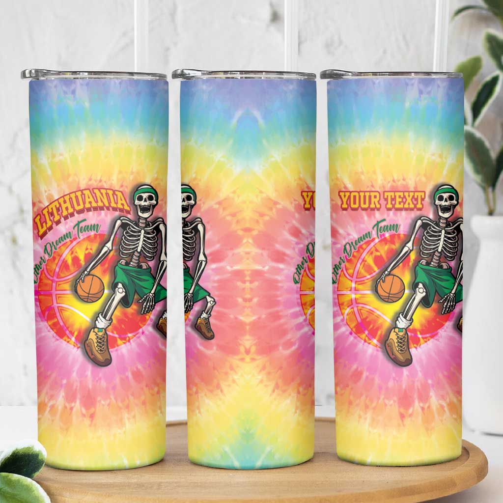 Lithuania Basketball Custom Skinny Tumbler 100th Anniversary Skeleton Colorful Tie Dye - Wonder Print Shop