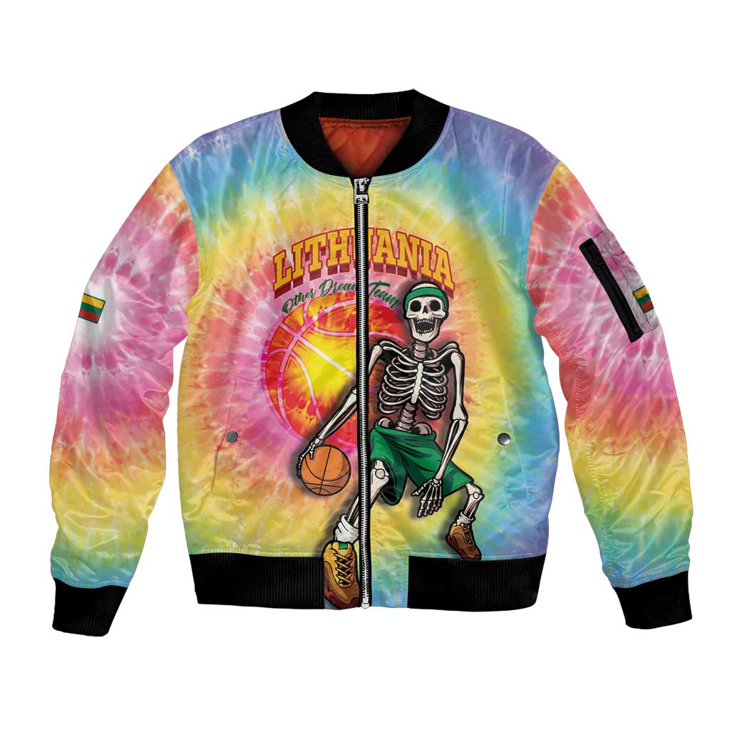Lithuania Basketball Custom Sleeve Zip Bomber Jacket 100th Anniversary Skeleton Colorful Tie Dye - Wonder Print Shop