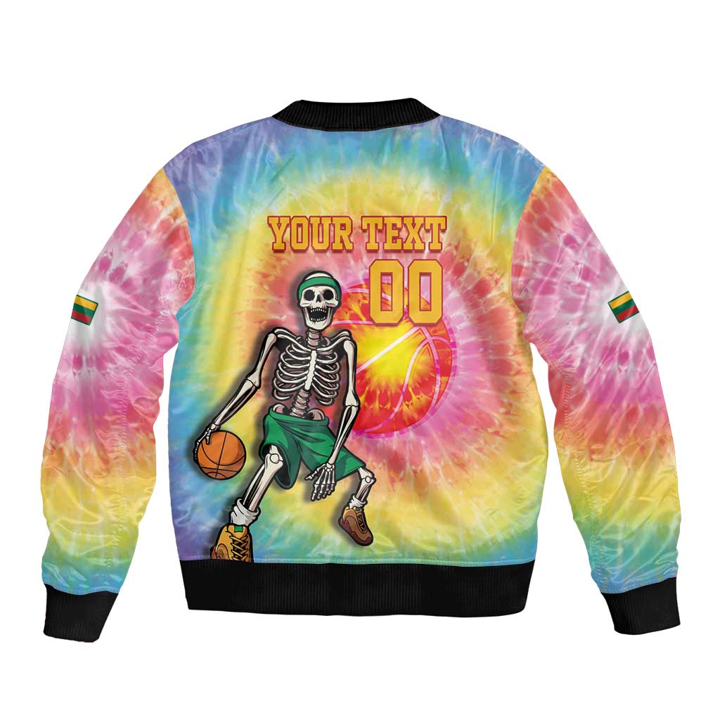 Lithuania Basketball Custom Sleeve Zip Bomber Jacket 100th Anniversary Skeleton Colorful Tie Dye - Wonder Print Shop