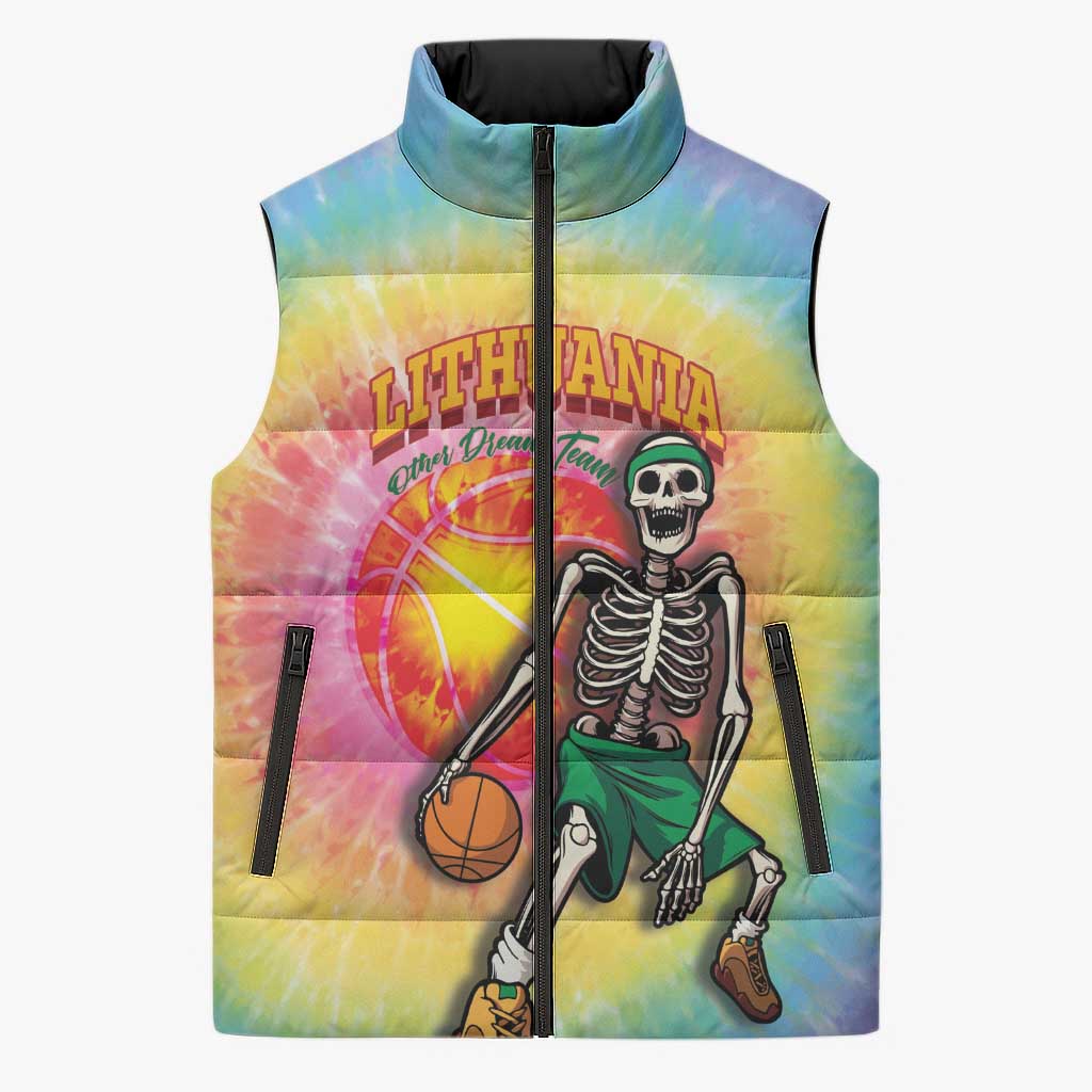 Lithuania Basketball Custom Sleeveless Puffer Jacket 100th Anniversary Skeleton Colorful Tie Dye - Wonder Print Shop