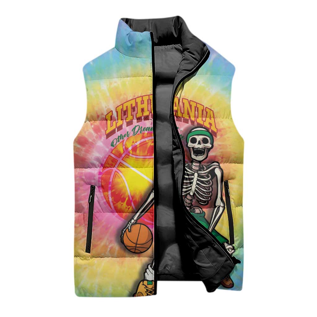 Lithuania Basketball Custom Sleeveless Puffer Jacket 100th Anniversary Skeleton Colorful Tie Dye - Wonder Print Shop