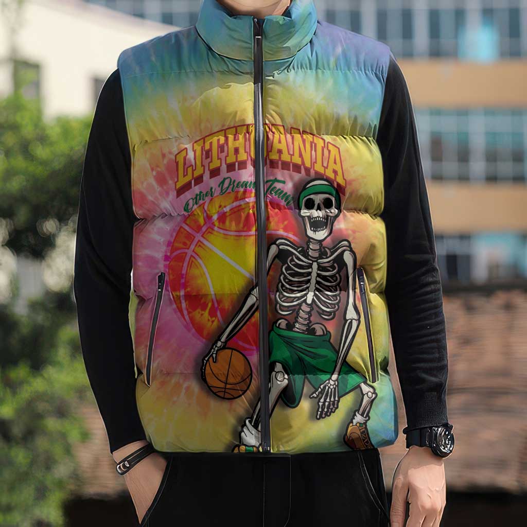 Lithuania Basketball Custom Sleeveless Puffer Jacket 100th Anniversary Skeleton Colorful Tie Dye - Wonder Print Shop