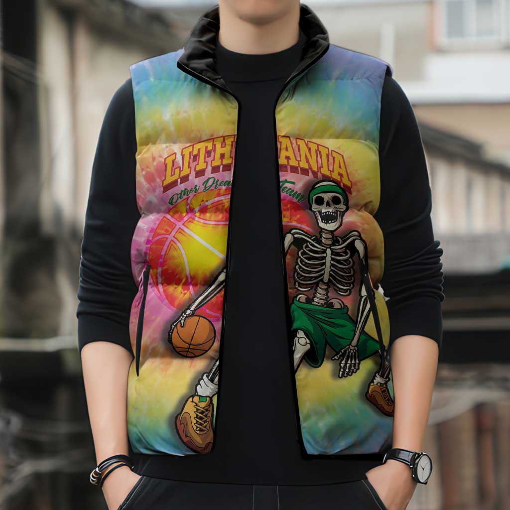 Lithuania Basketball Custom Sleeveless Puffer Jacket 100th Anniversary Skeleton Colorful Tie Dye - Wonder Print Shop