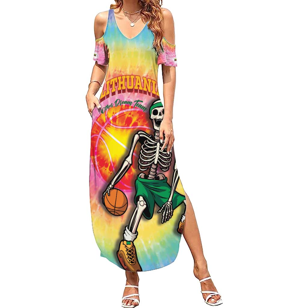 Lithuania Basketball Custom Summer Maxi Dress 100th Anniversary Skeleton Colorful Tie Dye - Wonder Print Shop