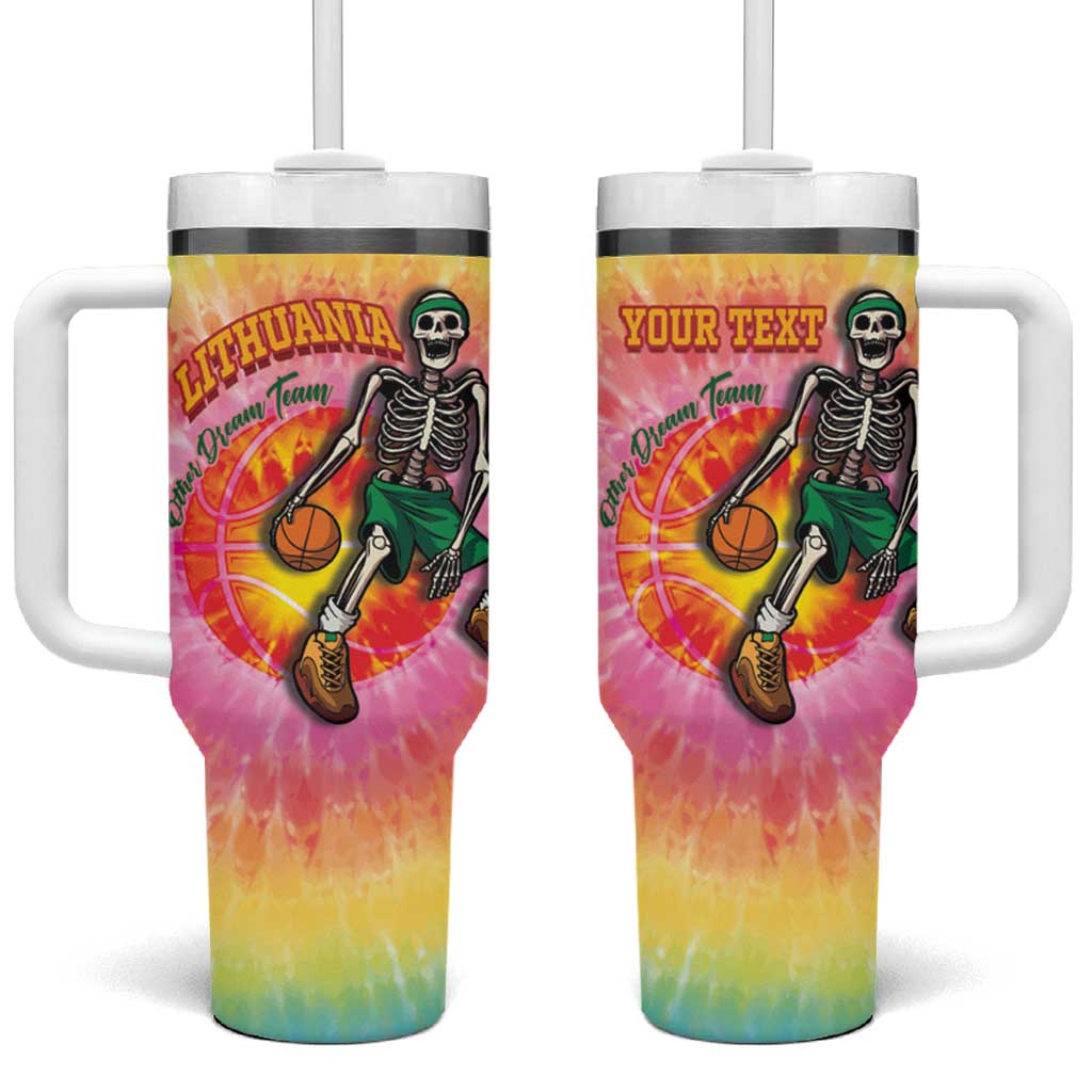 Lithuania Basketball Custom Tumbler With Handle 100th Anniversary Skeleton Colorful Tie Dye - Wonder Print Shop