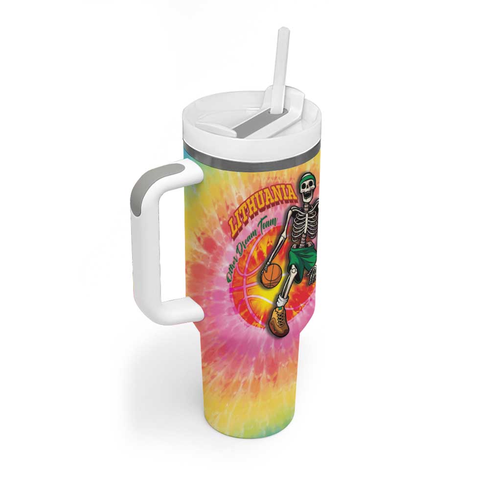 Lithuania Basketball Custom Tumbler With Handle 100th Anniversary Skeleton Colorful Tie Dye - Wonder Print Shop