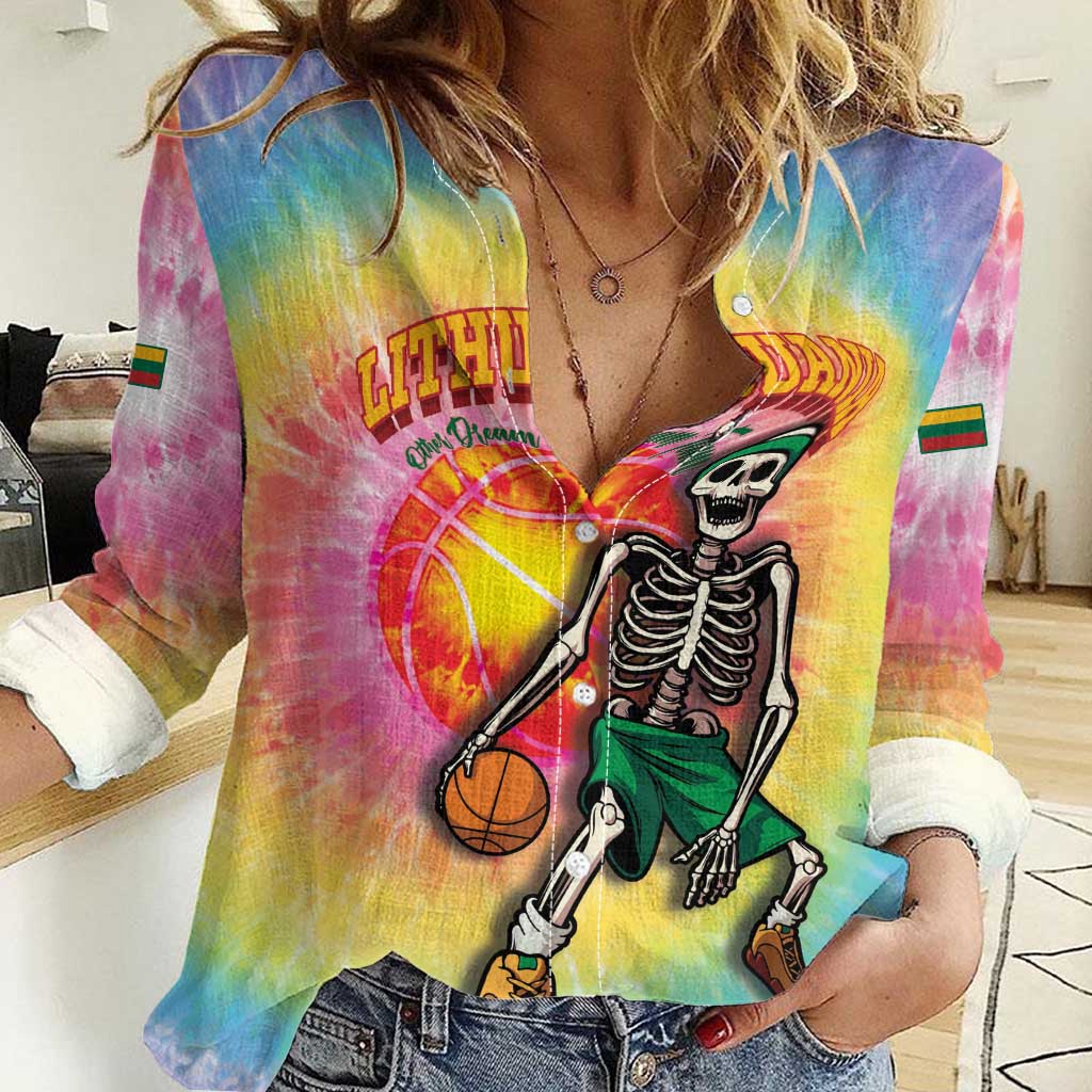 Lithuania Basketball Custom Women Casual Shirt 100th Anniversary Skeleton Colorful Tie Dye - Wonder Print Shop