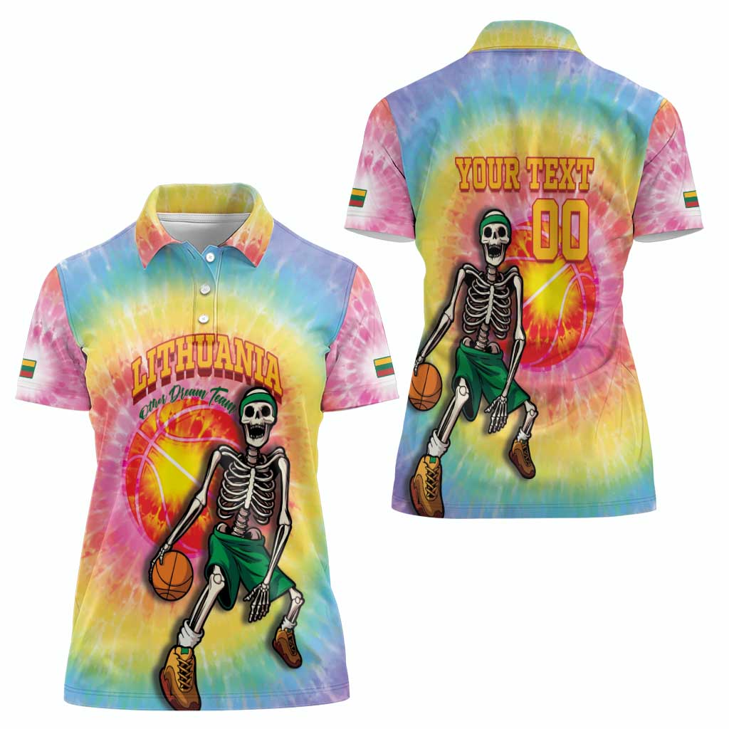 Lithuania Basketball Custom Women Polo Shirt 100th Anniversary Skeleton Colorful Tie Dye - Wonder Print Shop