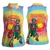 Lithuania Basketball Custom Women Sleeveless Polo Shirt 100th Anniversary Skeleton Colorful Tie Dye - Wonder Print Shop