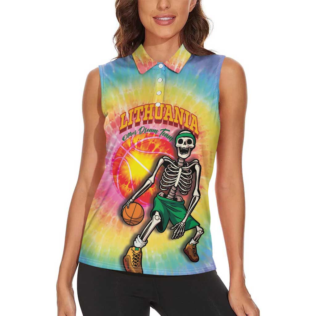 Lithuania Basketball Custom Women Sleeveless Polo Shirt 100th Anniversary Skeleton Colorful Tie Dye - Wonder Print Shop