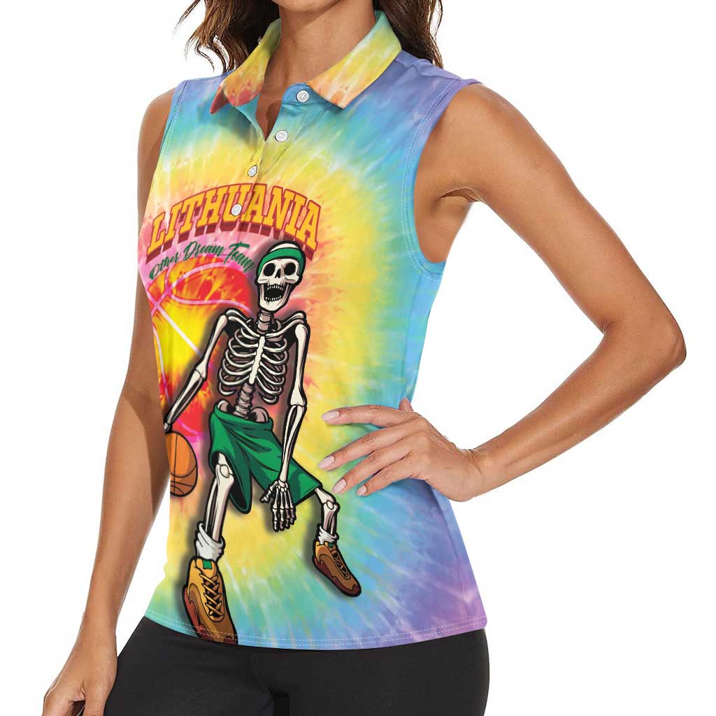 Lithuania Basketball Custom Women Sleeveless Polo Shirt 100th Anniversary Skeleton Colorful Tie Dye - Wonder Print Shop