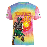 Lithuania Basketball Custom Women V-Neck T-Shirt 100th Anniversary Skeleton Colorful Tie Dye - Wonder Print Shop