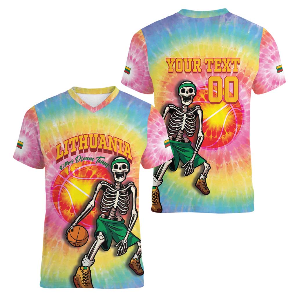 Lithuania Basketball Custom Women V-Neck T-Shirt 100th Anniversary Skeleton Colorful Tie Dye - Wonder Print Shop