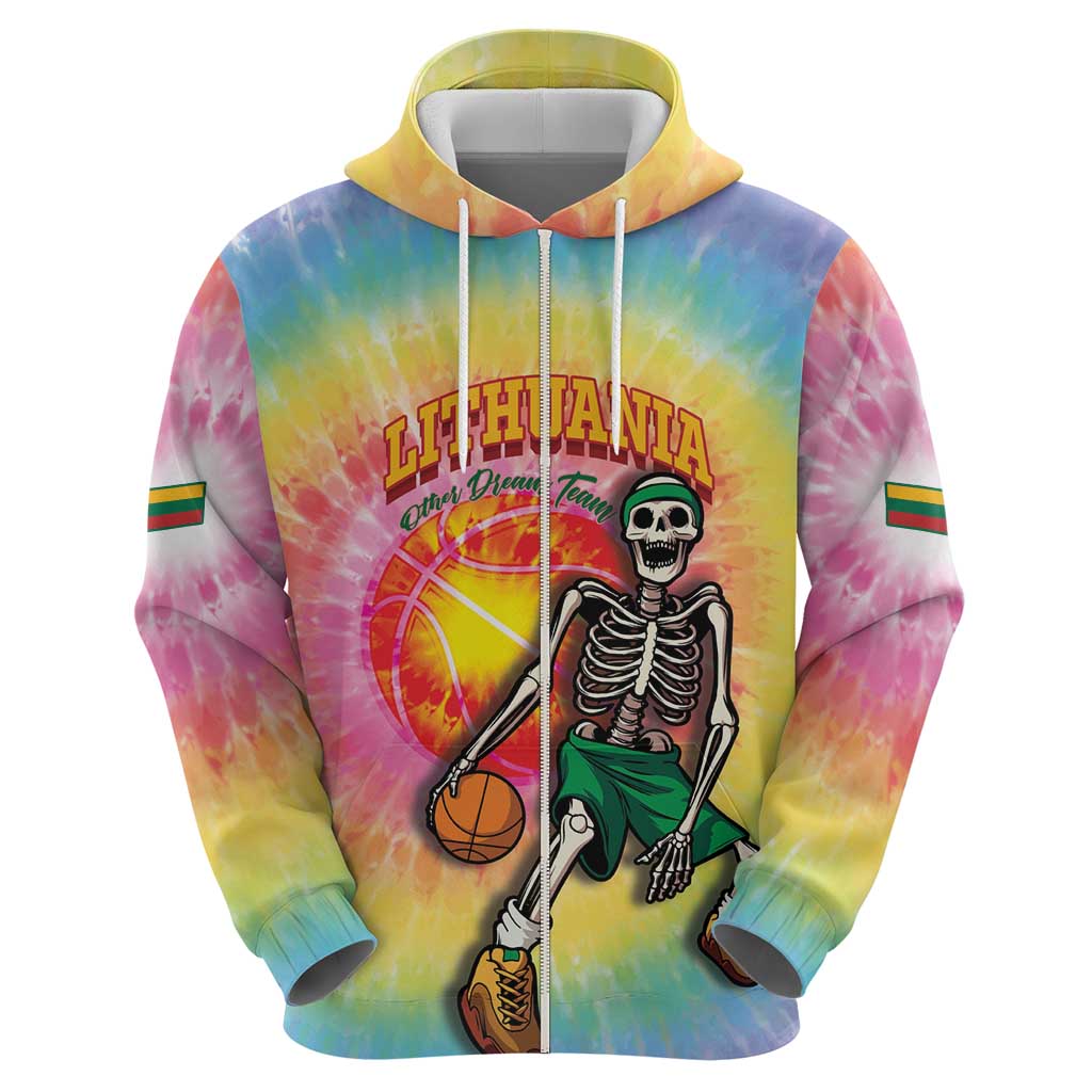 Lithuania Basketball Custom Zip Hoodie 100th Anniversary Skeleton Colorful Tie Dye - Wonder Print Shop
