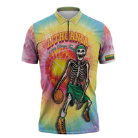 Lithuania Basketball Custom Zipper Polo Shirt 100th Anniversary Skeleton Colorful Tie Dye - Wonder Print Shop