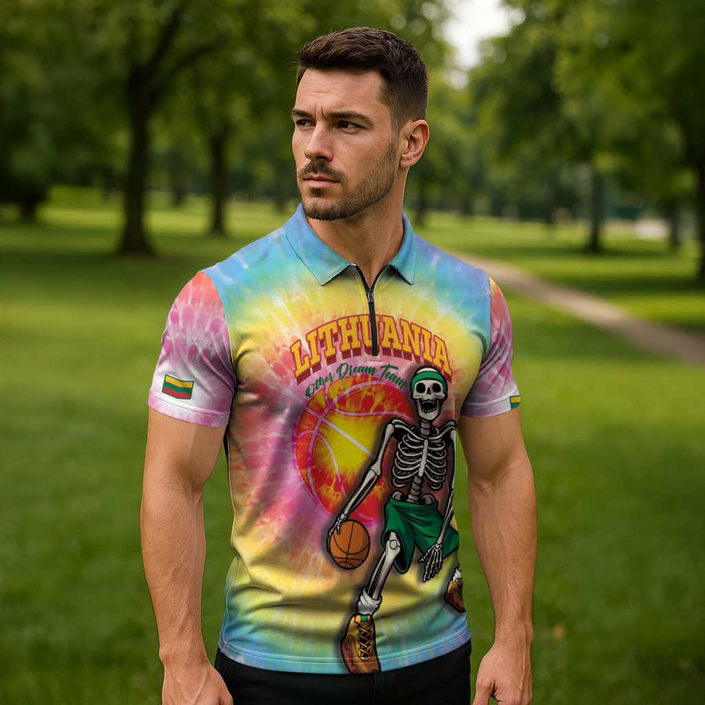 Lithuania Basketball Custom Zipper Polo Shirt 100th Anniversary Skeleton Colorful Tie Dye - Wonder Print Shop