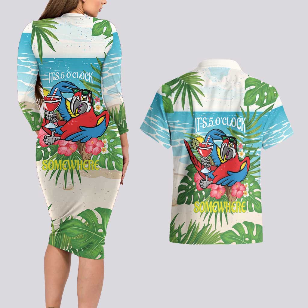 Guyana Christmas Couples Matching Long Sleeve Bodycon Dress and Hawaiian Shirt Chilling Macaw It's 5 o'clock Somewhere - Wonder Print Shop