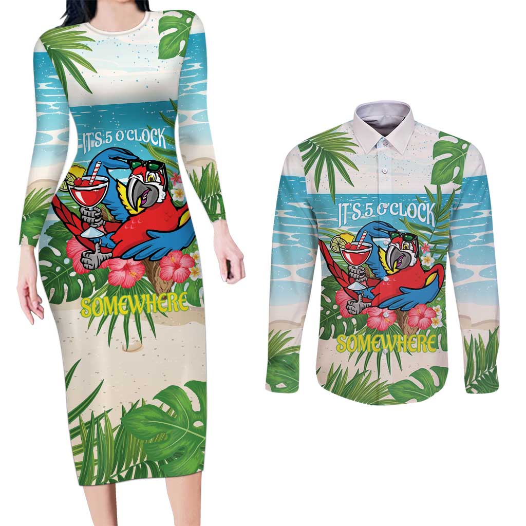 Guyana Christmas Couples Matching Long Sleeve Bodycon Dress and Long Sleeve Button Shirt Chilling Macaw It's 5 o'clock Somewhere - Wonder Print Shop