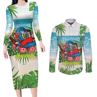 Guyana Christmas Couples Matching Long Sleeve Bodycon Dress and Long Sleeve Button Shirt Chilling Macaw It's 5 o'clock Somewhere - Wonder Print Shop