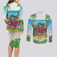 Guyana Christmas Couples Matching Long Sleeve Bodycon Dress and Long Sleeve Button Shirt Chilling Macaw It's 5 o'clock Somewhere - Wonder Print Shop
