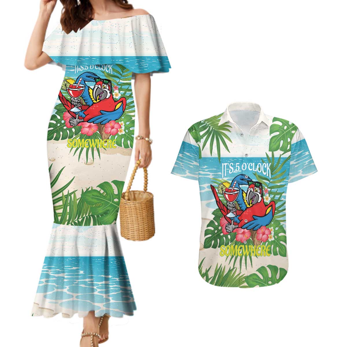 Guyana Christmas Couples Matching Mermaid Dress and Hawaiian Shirt Chilling Macaw It's 5 o'clock Somewhere - Wonder Print Shop