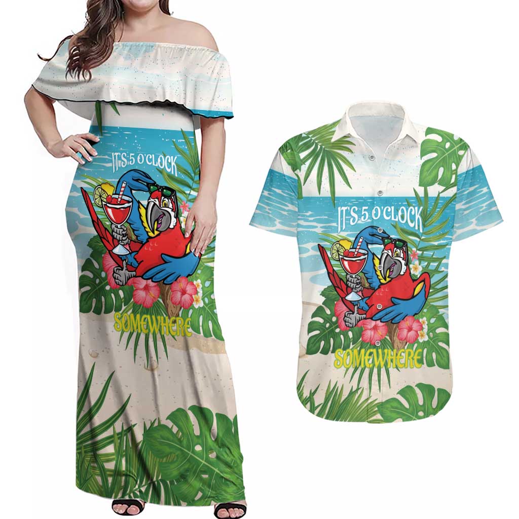 Guyana Christmas Couples Matching Off Shoulder Maxi Dress and Hawaiian Shirt Chilling Macaw It's 5 o'clock Somewhere - Wonder Print Shop