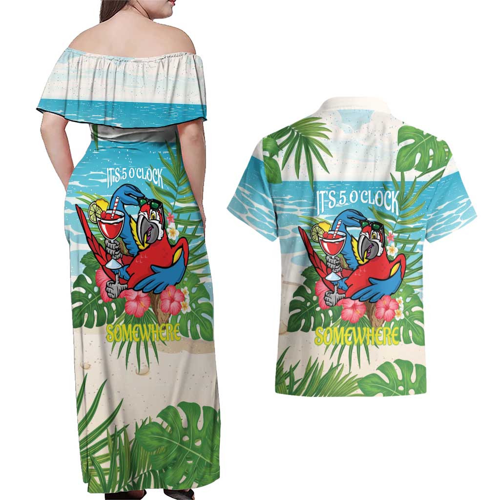 Guyana Christmas Couples Matching Off Shoulder Maxi Dress and Hawaiian Shirt Chilling Macaw It's 5 o'clock Somewhere - Wonder Print Shop