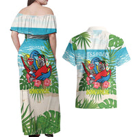 Guyana Christmas Couples Matching Off Shoulder Maxi Dress and Hawaiian Shirt Chilling Macaw It's 5 o'clock Somewhere - Wonder Print Shop