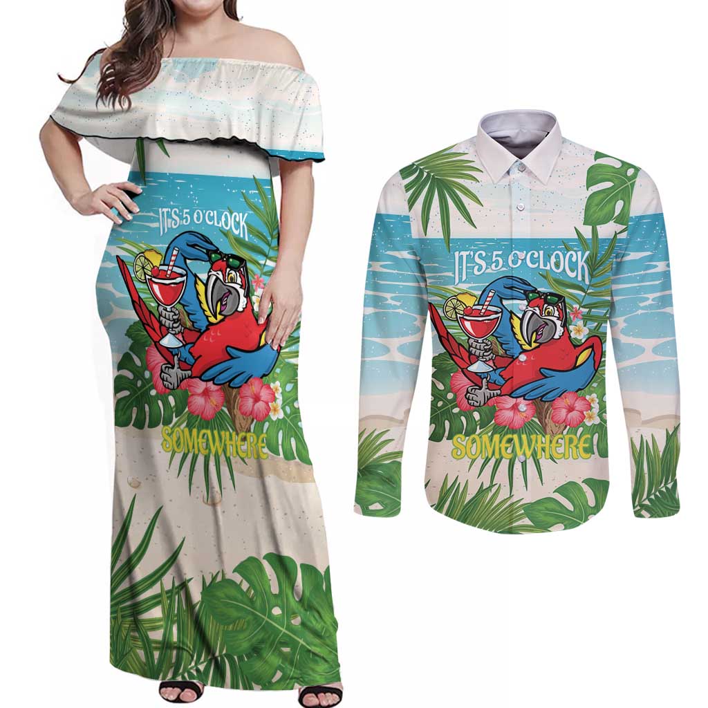 Guyana Christmas Couples Matching Off Shoulder Maxi Dress and Long Sleeve Button Shirt Chilling Macaw It's 5 o'clock Somewhere - Wonder Print Shop